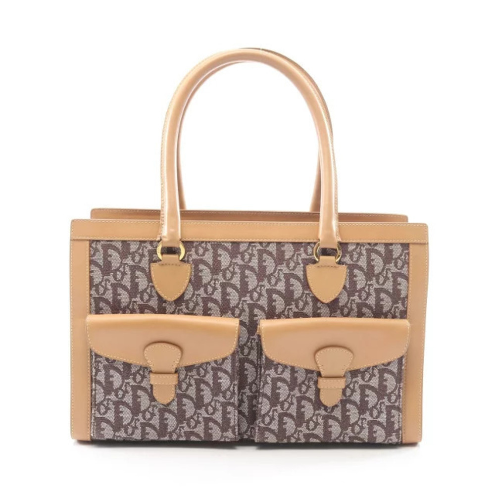 Christian Dior Trotter Tote Bag Canvas Leather Beige Cream Brown